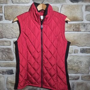 Calvin Klein Women’s Quilted Puffer Vest Red Black Side Panels Logo Collar-Small